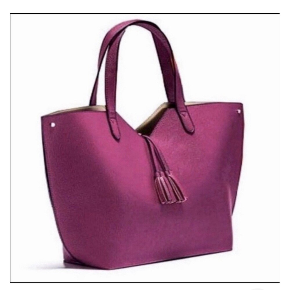Neiman Marcus Magenta Pink Pebbled Leather VTop Tote Bag Tassel Large Fall Purse